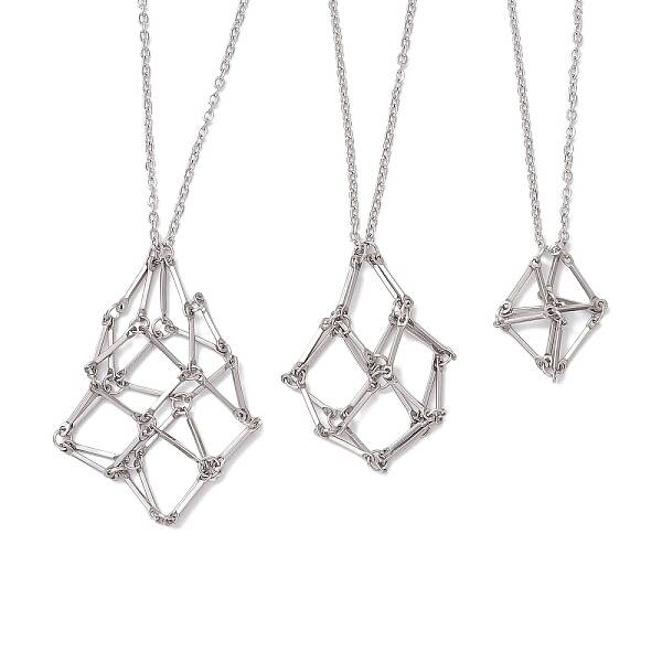 3 Pcs 201 Stainless Steel Crystal Stone Cage Pendant Necklaces