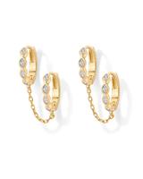 PAVOI 14K Gold Chain Earrings for Women | Double Piercing Huggie Hoop with Dangle Chain | Cubic Zirconia Marquise Stud Ear Cu...