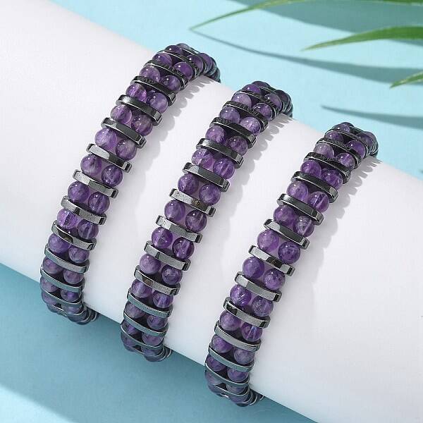 Natural Amethyst and Synthetic Hematite Adjustable Braided Bead Bracelets
