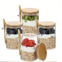Glass Storage Jar with Wooden Lid & Spoon, 1/2/3/4/8 Counts 18oz Overnight Oats Jar, Salad Dressing Jar, Kitchen Utensils &...