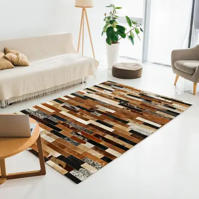 Brown Brick Pattern Patchwork Cowhide Rug