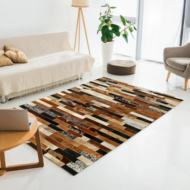 Brown Brick Pattern Patchwork Cowhide Rug