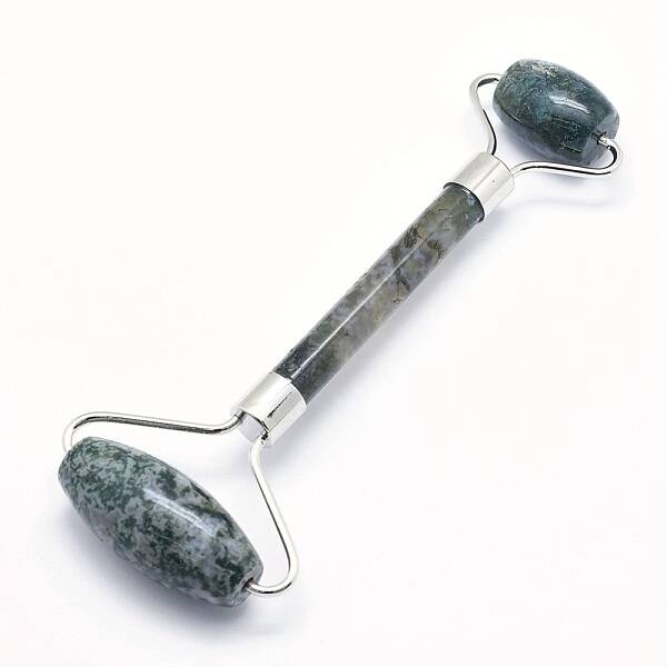 Natural Moss Agate Brass Face Massager