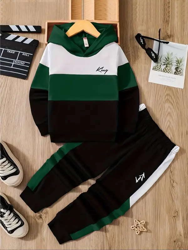 Boy's Colorblock Letter Print Hoodie & Elastic Waist Sweatpants Set, Casual Fashion Cozy Breathable Two-piece Outfits for Dai...