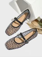 Women's Fashionable Leopard Print Mary Jane Flats, Casual Comfortable Breathable Square Toe Flat Shoes, Lightweight Comfortab...