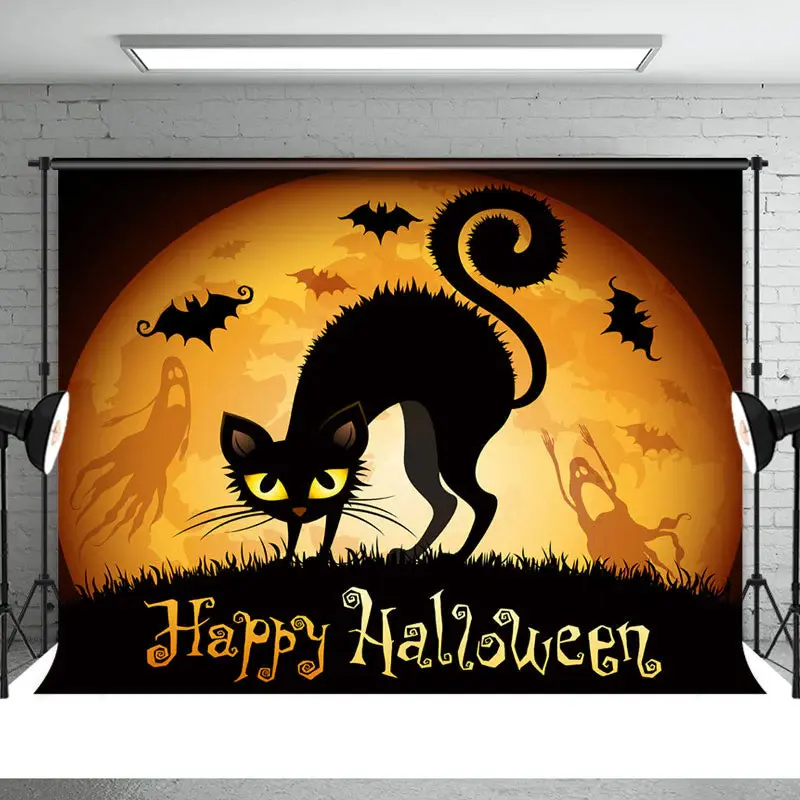 Happy Halloween Moon Black Cat Party Backdrop - Aperturee