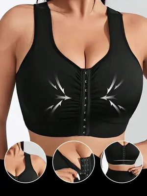 Plus Size Solid Hook & Eye Front Adjustable Sports Bra, Breathable High Stretch Sports Bra For Women, Women's Sport Clothing ...