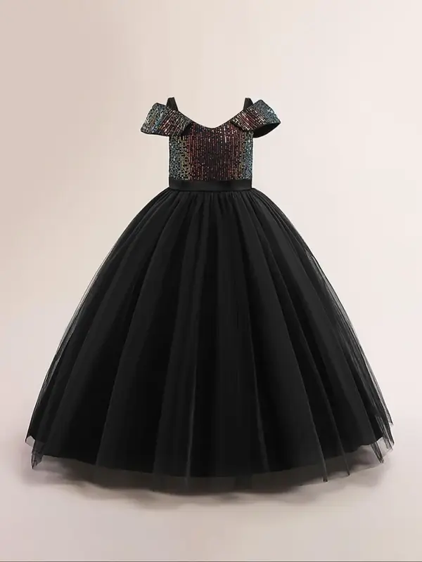 Girl's Contrast Sequin Cold Shoulder Tulle Dress, Elegant Zipper Back Fit & Flare Dress for Party, Kids Clothes for All Seaso...