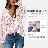 SHEWIN 2025 Women’s Going Tops Trend – Boho Floral Print VNeck Button-Down Drawstring-Hem Blouse with Shirred Sleeve Cuff...
