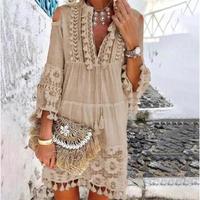 New Spring Embroidery Crochet Lace Boho Dress Women Elegant Off Shoulder Tassel Ruffle Mini Dress Summer V Neck Lady Beach Dr...