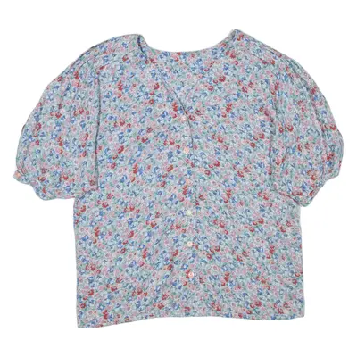 Womens Printed Top Blue V-Neck Floral UK 14