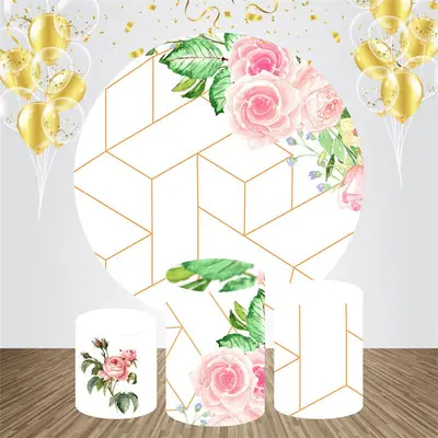 Pink Floral Geometric Round Birthday Backdrop Kit - Aperturee