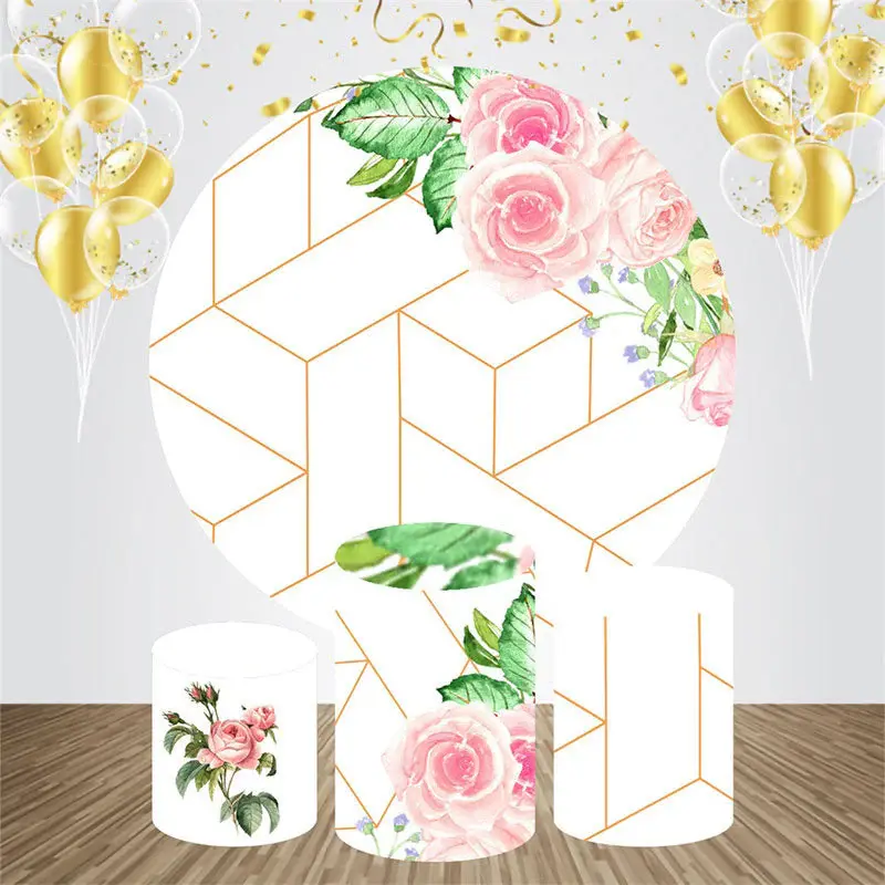 Pink Floral Geometric Round Birthday Backdrop Kit - Aperturee