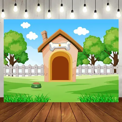 Cartoon Dog House Lawn Sky Baby Shower Backdrop - Aperturee