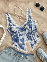 Floral Print Lace Trim Tank Top Sleeveless Split Hem Summer Crop Top