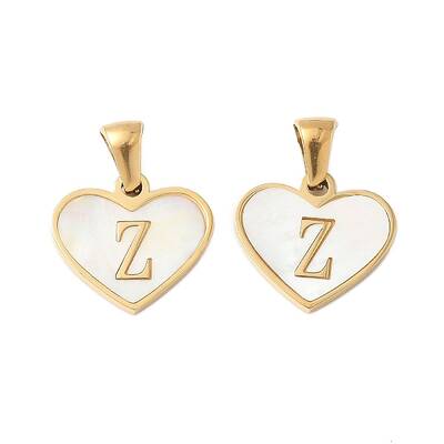 304 Stainless Steel Pave Natural White Shell Heart with Initial Slice Pendants
