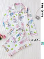 Women's All Over Print Lapel Neck Button Front Pajama Two-piece Matching Set, Casual Long Sleeve Pocket Top & Elastic Waist P...