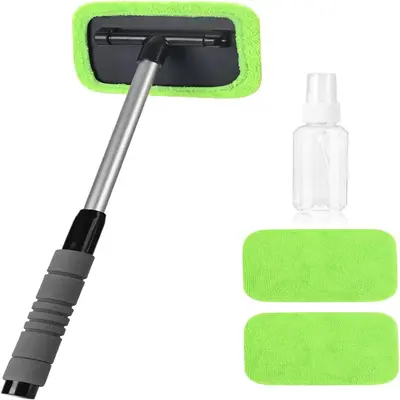 Car Windshield Glass Cleaning Tool, Multipurpose Cleaning Tool with Extendable Handle & 2pcs Reusable Cloth, Universal Auto I...