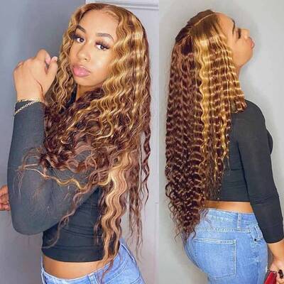 Blonde Highlight On Brown Hair Deep Wave P4/27 Lace Frontal Human Hair Wig Ashimary Hair