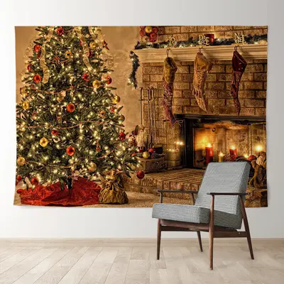 Aperturee Vintage Fireplace Stocking Tree Christmas Backdrop