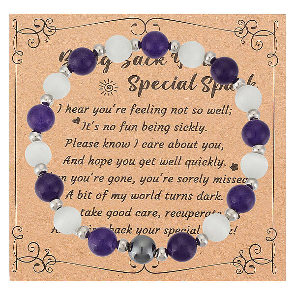 Natural Amethyst & Synthetic Hematite & Cat Eye Round Beaded Stretch Bracelet
