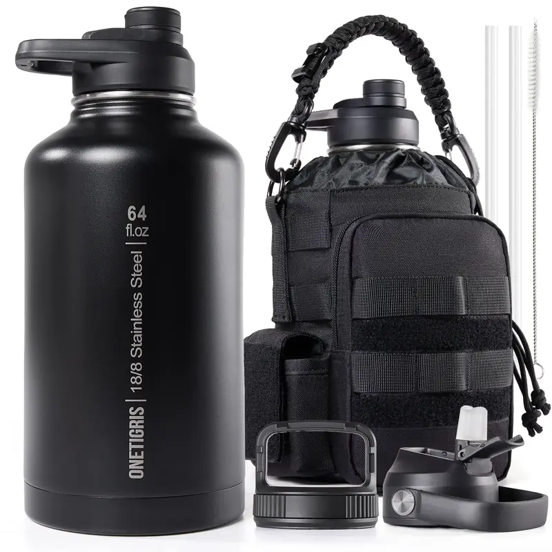 OneTigris 64oz Stainless Steel Water Bottle – Insulated Mug with Handle & Pouch, Outdoor Drinkware, Hot/Cold Retention, Per...