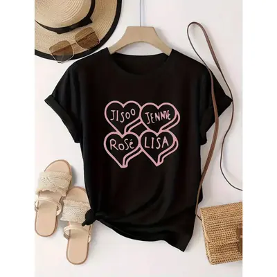 Women's Black Cotton T-Shirt with Pink Heart & JISOO TENNE ROSE LISA Graphic Print - Loose Fit Round Neck Short Sleeve Casual...