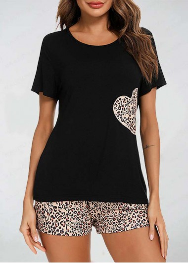 Modlily Black Leopard Half Sleeve Lounge Top and Shorts - L