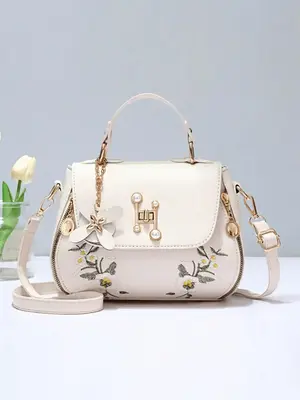 Women's 2024 Summer Fashion Floral Embroidering Faux Pearl Decor Flap Handbag, Elegant Shoulder Bag for Daily Used, Best Gift...