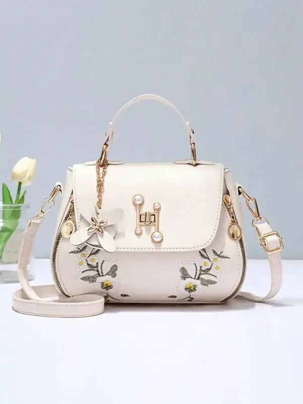 Women's 2024 Summer Fashion Floral Embroidering Faux Pearl Decor Flap Handbag, Elegant Shoulder Bag for Daily Used, Best Gift...