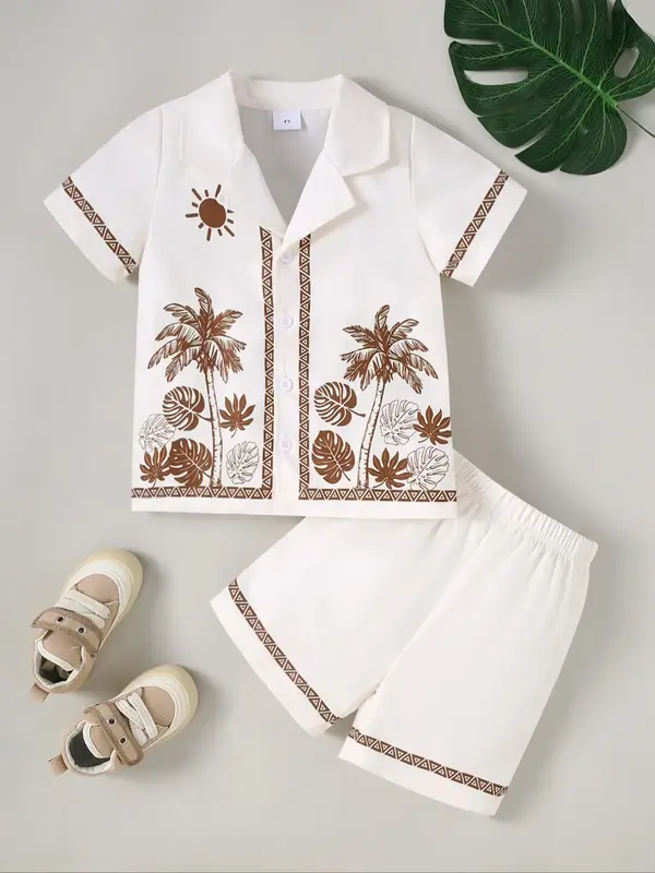 Two-Piece Set Boy's Plants Print Short Sleeve Top & Shorts, Casual Summer Clothes for Kids, Kids Clothing for Beach Vacation ...