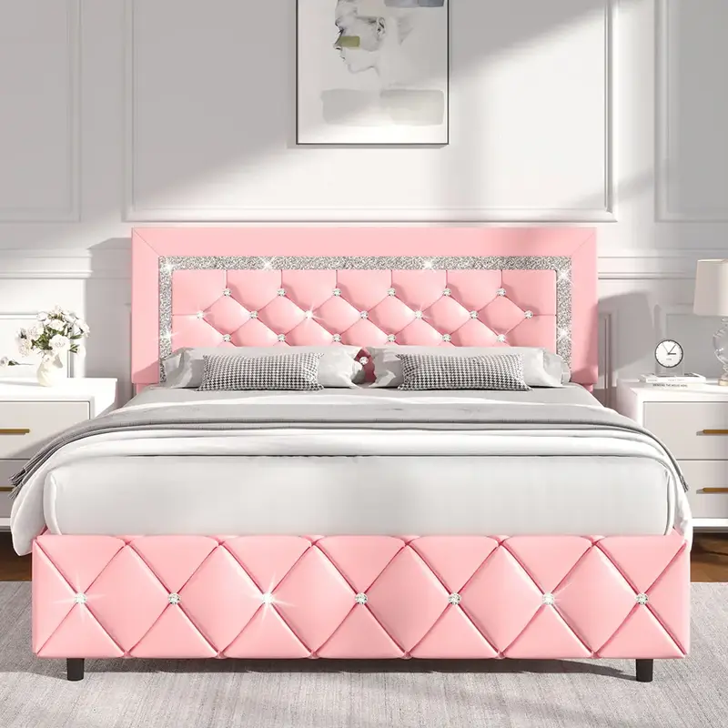 【Live Only】Upholstered Diamond Bed Frame, with Diamond Tufted Headboard, Faux Leather, Wooden Slats Support, No Box Sprin...