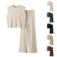 SCUSTY Women's 2 Piece Knitted Set Summer Outfits Pullover Sleeveless Vest High Waist Wide Leg Trousers Casual Suit Sportswea...