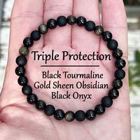 Triple Protection Bracelet 6mm Black Gemstone Stretch Healing Bracelet Boho Style for Daily Use Handmade Gift for her, gift f...