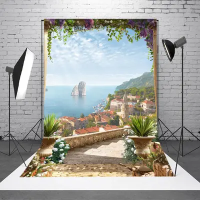 Floral Steps Sea Buildings Photo Studio Backdrop - Aperturee