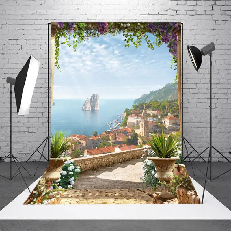 Floral Steps Sea Buildings Photo Studio Backdrop - Aperturee