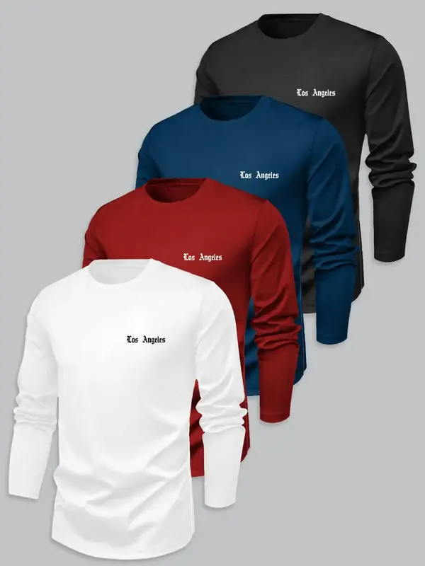 Men's Letter Print Round Neck Long Sleeve Tee, Casual Crew Neck T-shirt for Spring, Men's Top for Daily Wear