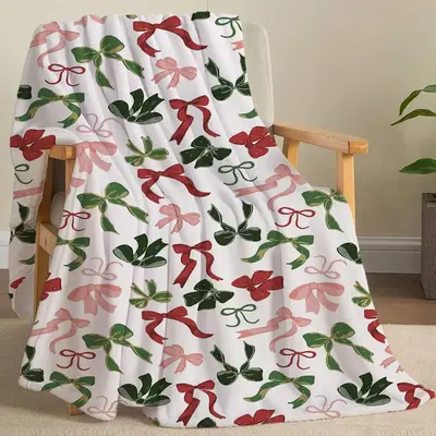 Christmas Bow Pattern Blanket, 1 Count Soft Comfortable Flannel Throw, Textiles for Home Office Travel Outdoor Camping for Al...