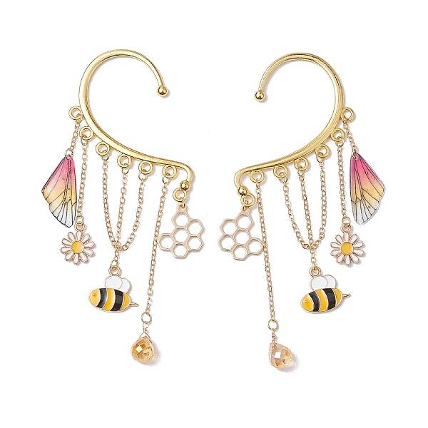 Brass Bees & Glass Teardrop Tassel Earrings