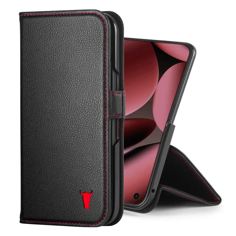 Google Pixel 11 Pro Fold Leather Wallet Case - Black with Red Detail