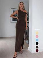 Women's Plain Asymmetrical Neck Dress, Sexy Fashion Casual Split Hem Dress for Party Club Dating Wear, Women Dress for Summer...