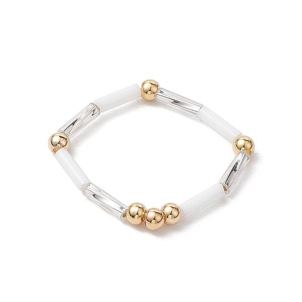 Glass Bugle & Brass Beads Stretch Rings for Women