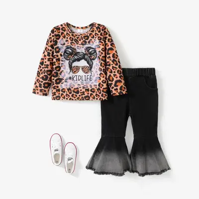 PatPat 2pcs Toddler Girl Fashionable Leopard Print Tee and Denim Flared Jeans Set