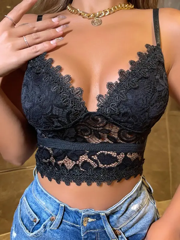 Women's Backless Sheer Lace Vintage Crop Cami Top, Classy Elegant Adjustable Strap Deep V Neck Crop Top, Summer Clothes Women...