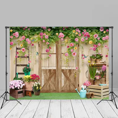 Pink Flowers Wooden Door And Window Backdrop For Photo - Aperturee