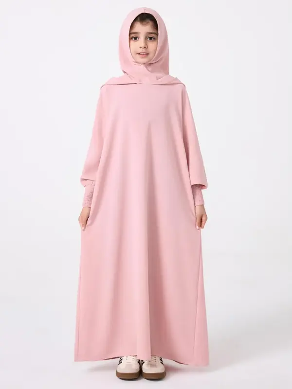 Girl's Solid Hooded Dress, Modest Long Sleeve Dress for Party Holiday, Kids Clothes for All Seasons