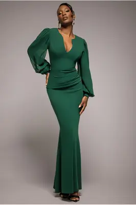 Goddiva Chiffon Cuffed Balloon Sleeve Scuba Maxi Dress - Emerald Green