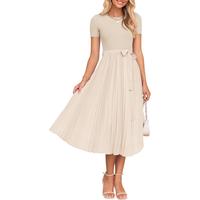 ZESICA Womens Summer Short Sleeve Midi Dresses Spring Casual Crew Neck Knit Belted Pleated A Line Flowy Wedding Guest Dress W...