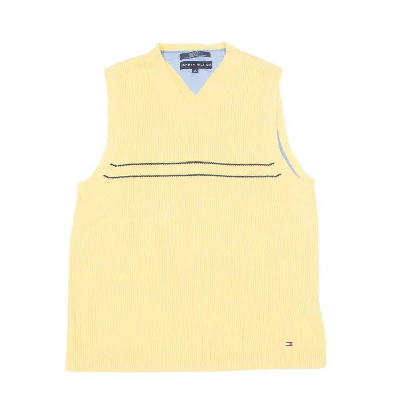 TOMMY HILFIGER Stretch Patterned Vest Yellow Striped Tight Knit V-Neck Mens M