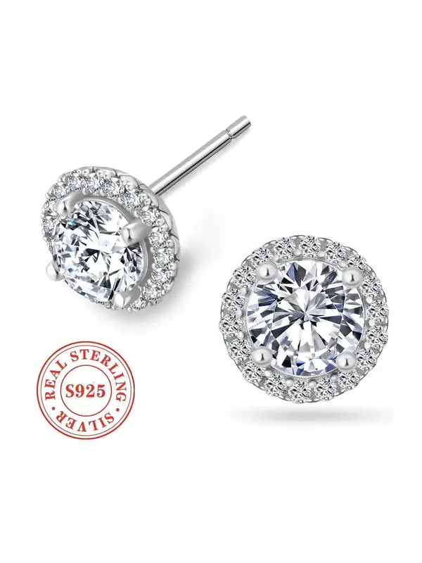 S925 Sterling Silver Round Shaped Rhinestones Decor Stud Earrings, Fashion Jewelry for Party, Trendy All-match & Exquisite Je...
